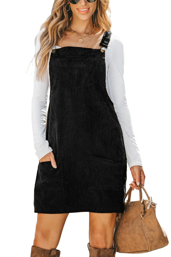 Shop Black Solid Front Pockets Sleeveless Corduroy Overall Dress at eAura