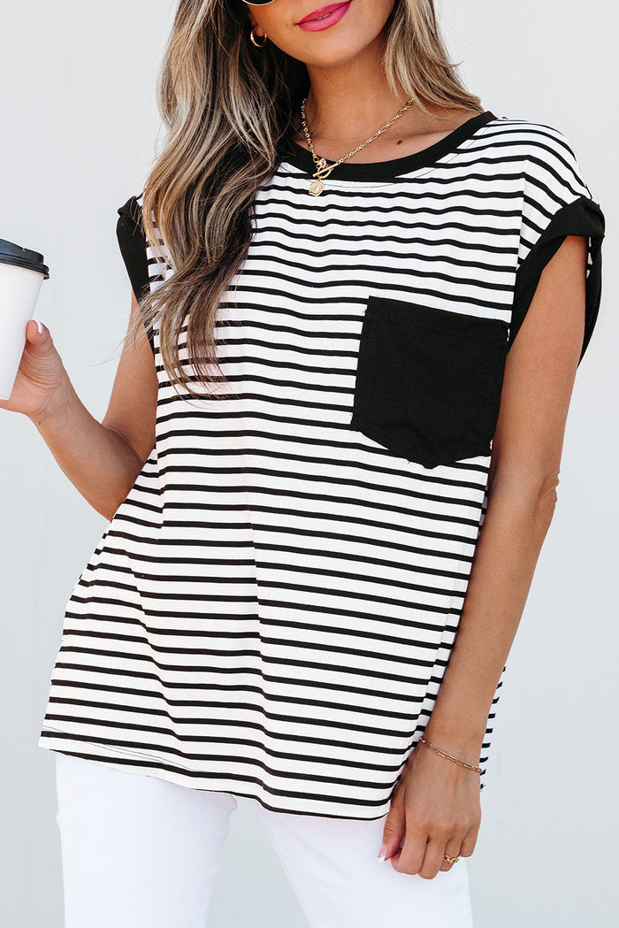 Black Stripe Chest Pocket Patch Round Neck Tank Top - Tops/Tops & Tees