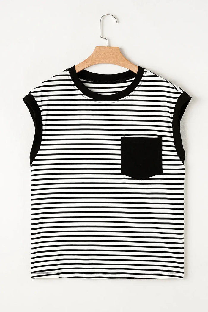 Black Stripe Chest Pocket Patch Round Neck Tank Top - Tops/Tops & Tees