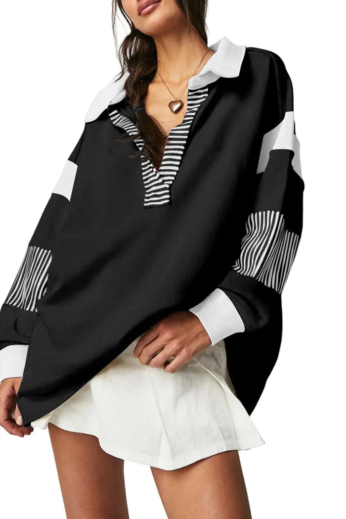 Black Striped Colourblock Patchwork Collar Sweatshirt - S / 50% Polyester + 50% Cotton - Tops/Sweatshirts & Hoodies