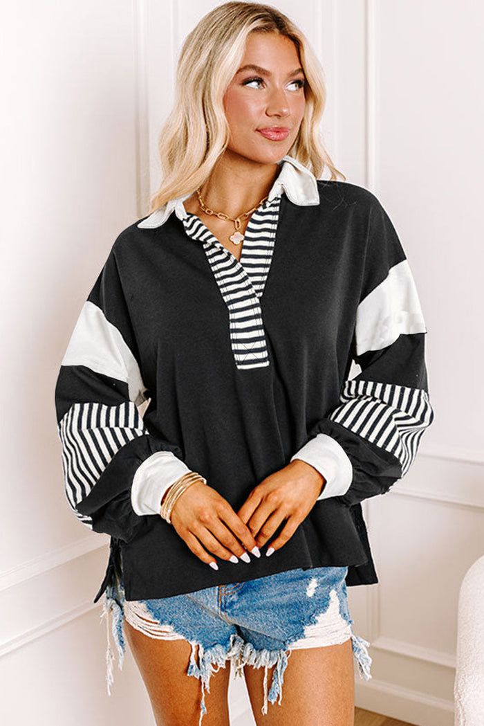 Black Striped Colourblock Patchwork Collar Sweatshirt - Tops/Sweatshirts & Hoodies