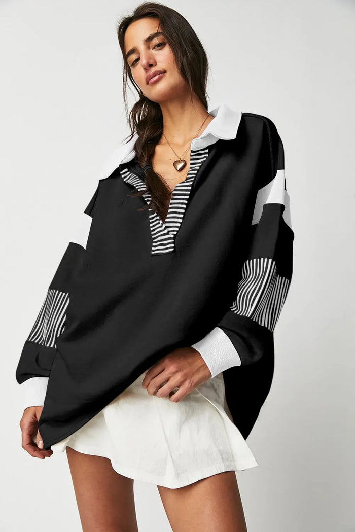 Black Striped Colourblock Patchwork Collar Sweatshirt - Tops/Sweatshirts & Hoodies