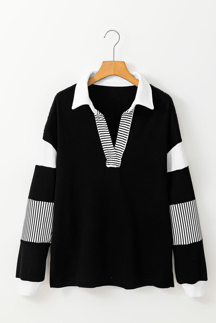 Black Striped Colourblock Patchwork Collar Sweatshirt - Tops/Sweatshirts & Hoodies