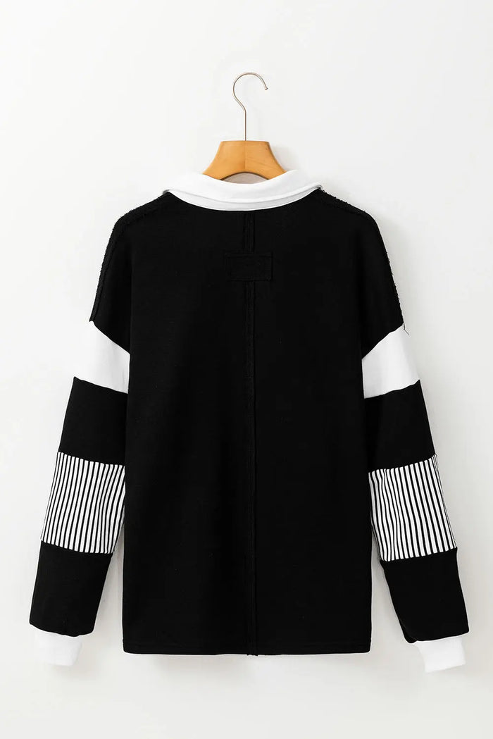 Black Striped Colourblock Patchwork Collar Sweatshirt - Tops/Sweatshirts & Hoodies