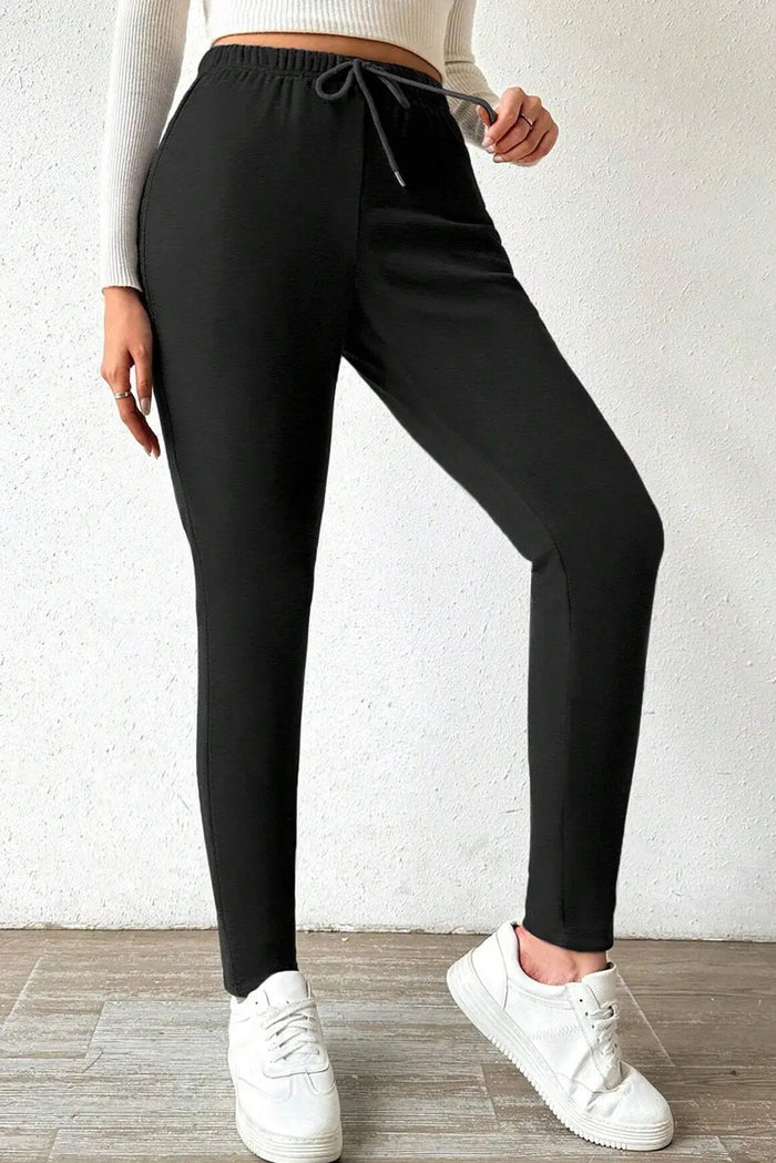 Black Thermal Lined Drawstring High Waist Leggings - Bottoms/Leggings