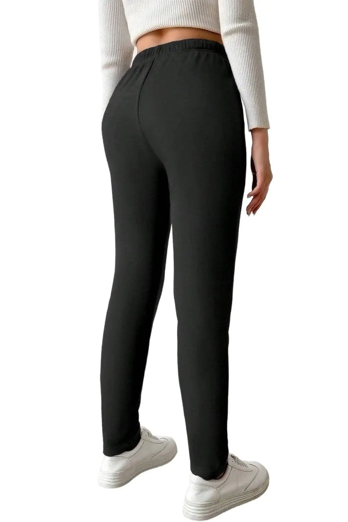 Black Thermal Lined Drawstring High Waist Leggings - Bottoms/Leggings