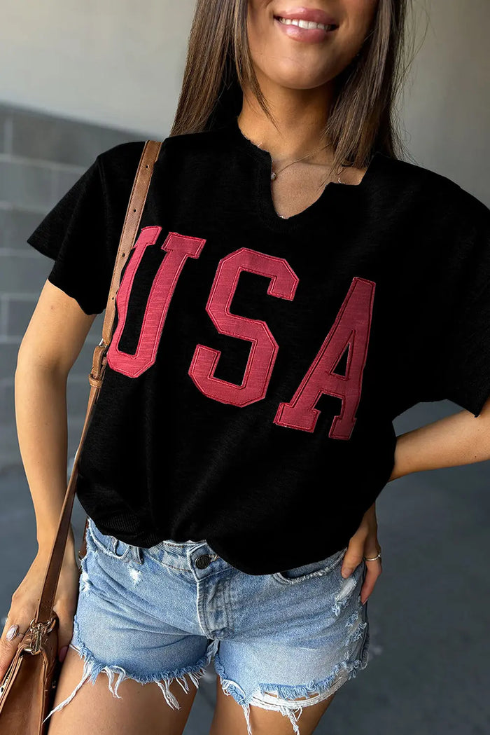 Black USA Lettering Patch Notched Neck Loose Tee - Tops/Tops & Tees