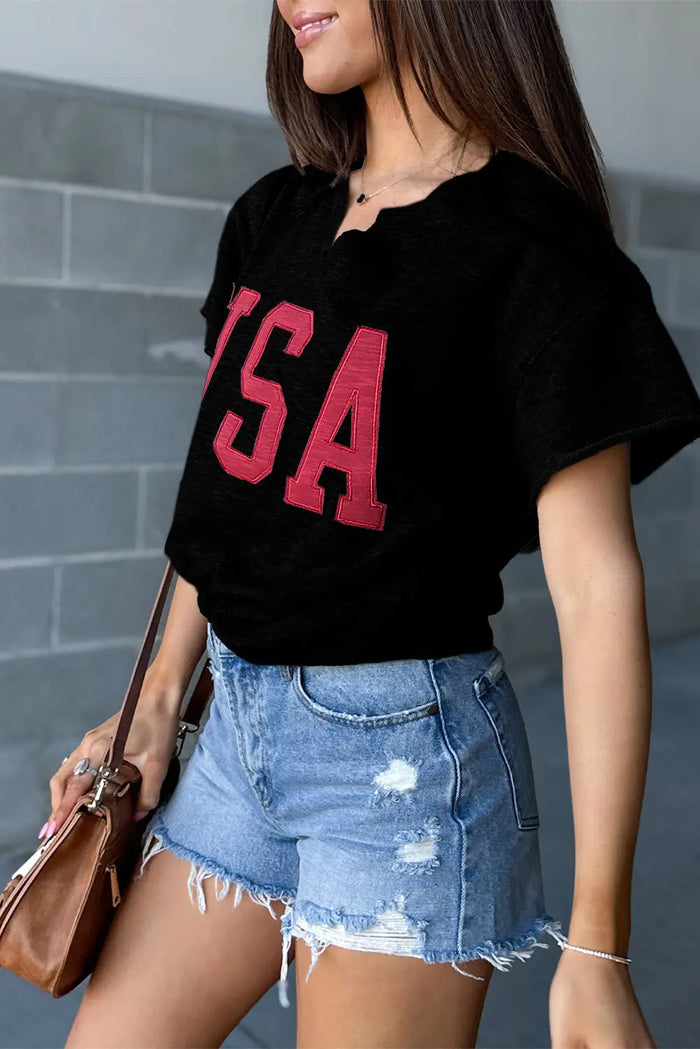 Black USA Lettering Patch Notched Neck Loose Tee - Tops/Tops & Tees