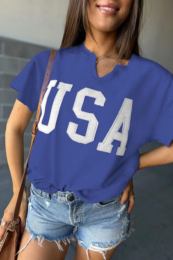 Black USA Lettering Patch Notched Neck Loose Tee - Dark Blue / S / 80% Polyester + 20% Cotton - Tops/Tops & Tees