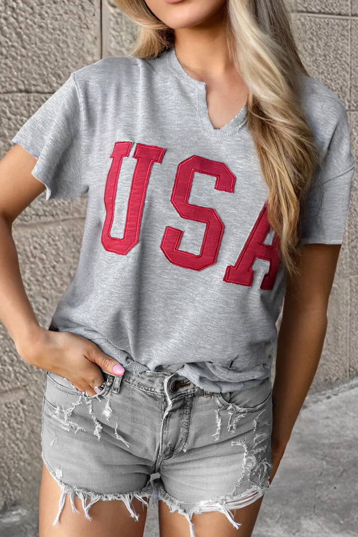 Black USA Lettering Patch Notched Neck Loose Tee - Tops/Tops & Tees