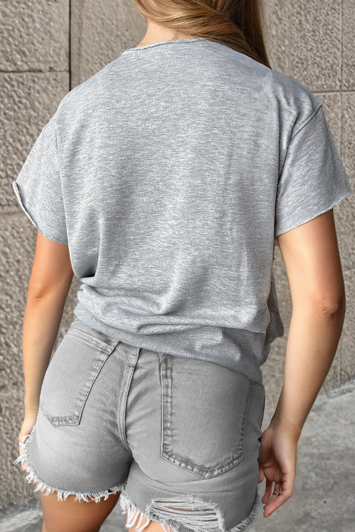 Black USA Lettering Patch Notched Neck Loose Tee - Tops/Tops & Tees