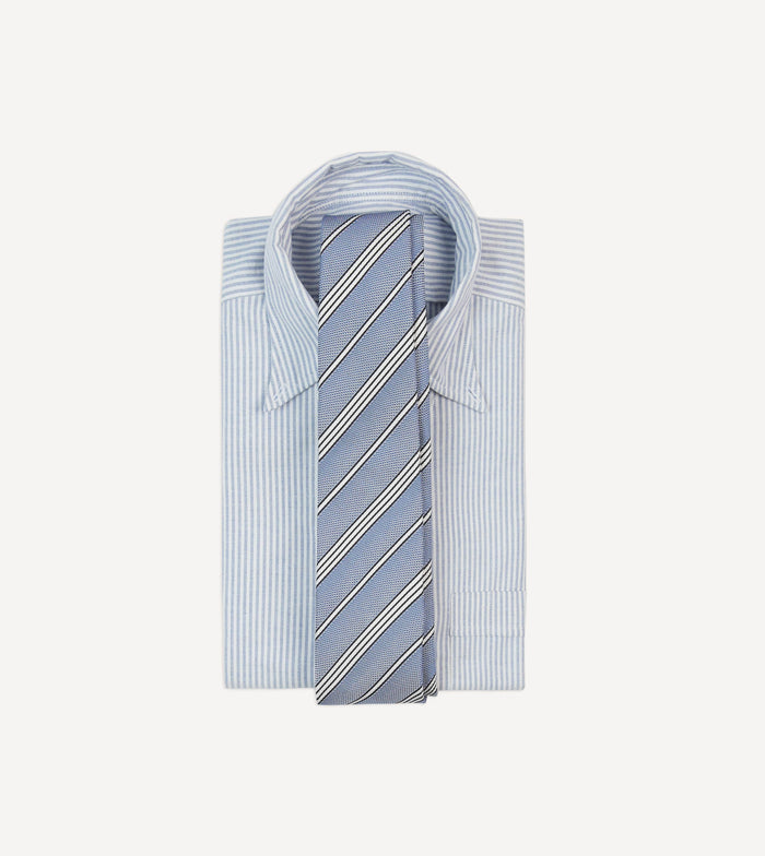 Blue, Navy and Ecru Twill Stripe Tipped Silk Grenadine Tie