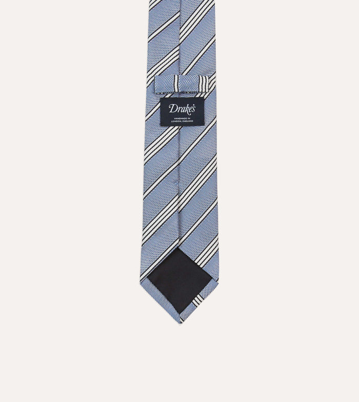 Blue, Navy and Ecru Twill Stripe Tipped Silk Grenadine Tie