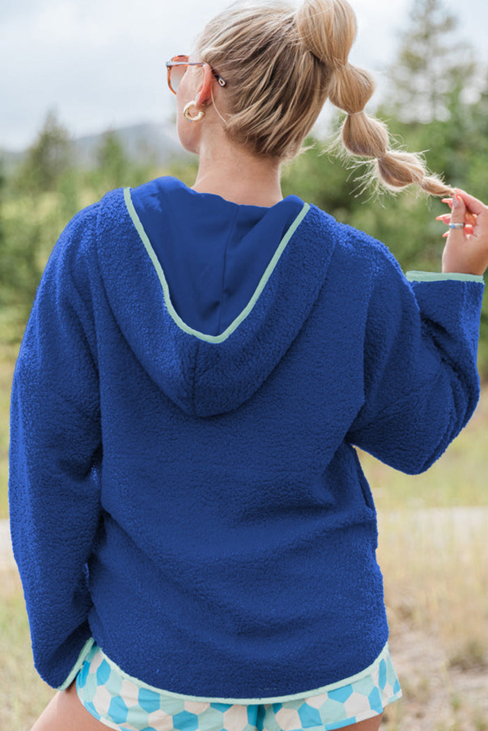 Blue Sherpa Half Zip Contrast Trim Pullover Hoodie - Tops/Sweatshirts & Hoodies