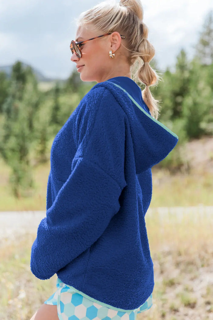 Blue Sherpa Half Zip Contrast Trim Pullover Hoodie - Tops/Sweatshirts & Hoodies