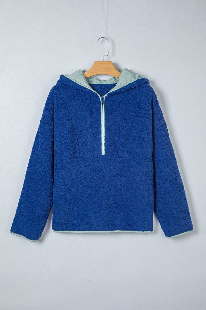 Blue Sherpa Half Zip Contrast Trim Pullover Hoodie - Tops/Sweatshirts & Hoodies