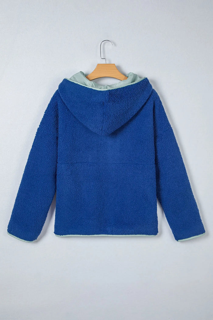 Blue Sherpa Half Zip Contrast Trim Pullover Hoodie - Tops/Sweatshirts & Hoodies