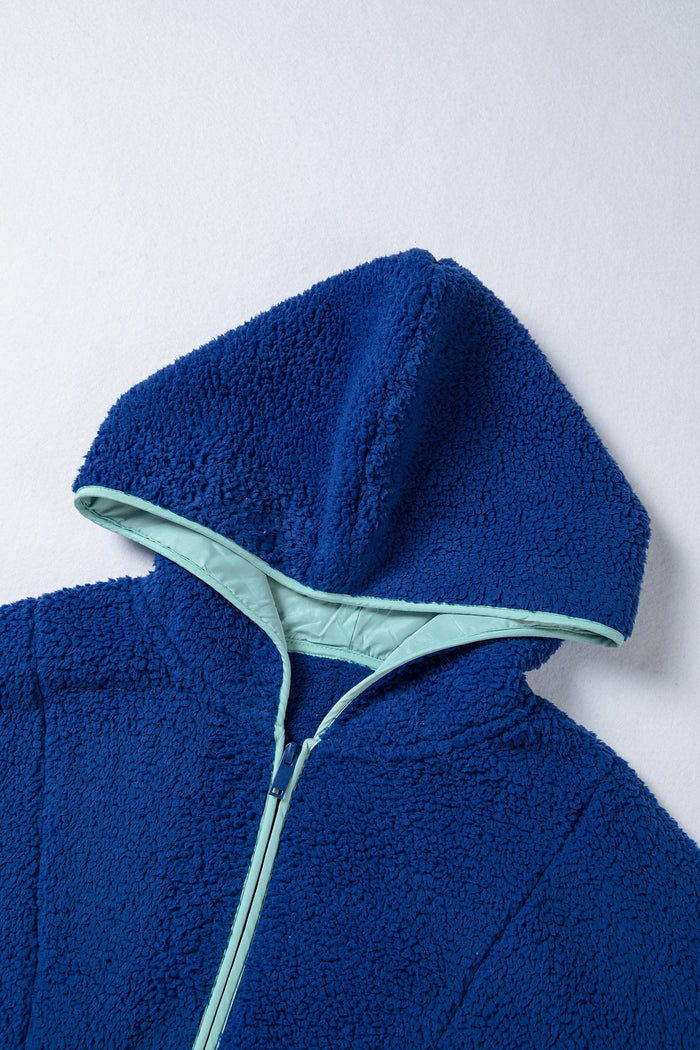 Blue Sherpa Half Zip Contrast Trim Pullover Hoodie - Tops/Sweatshirts & Hoodies