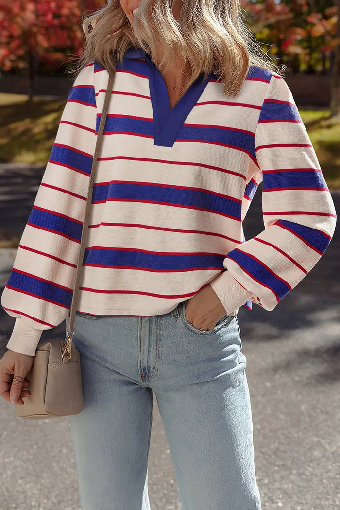 Blue Stripe Polo Pullover Sweatshirt - S - Tops/Sweatshirts & Hoodies