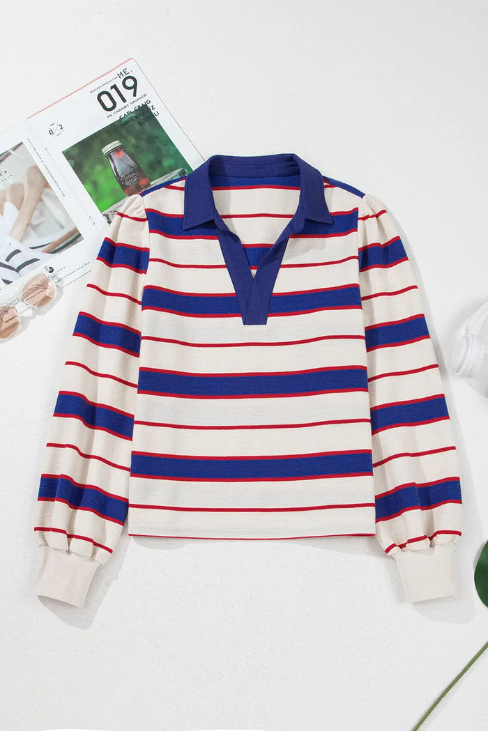 Blue Stripe Polo Pullover Sweatshirt - Tops/Sweatshirts & Hoodies