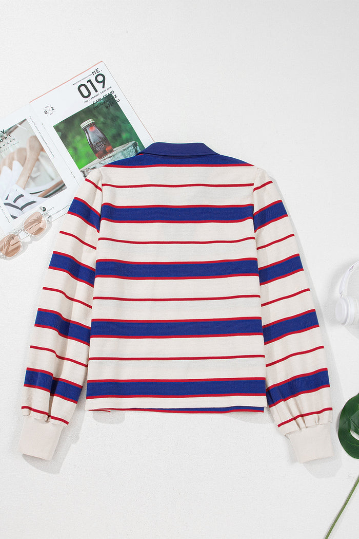 Blue Stripe Polo Pullover Sweatshirt - Tops/Sweatshirts & Hoodies