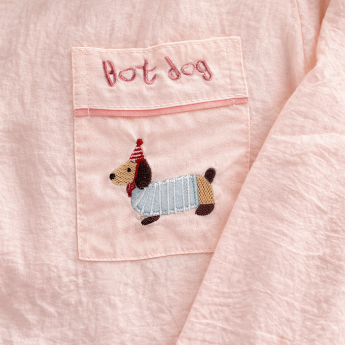 Blush Pink "Hot Dog" Embroidered Dachshund Pajama Set