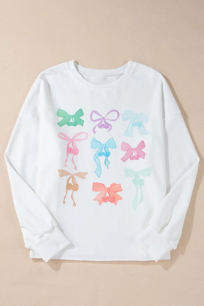 White Bowknot Pattern Drop Shoulder Loose Sweatshirt - Tops/Sweatshirts & Hoodies