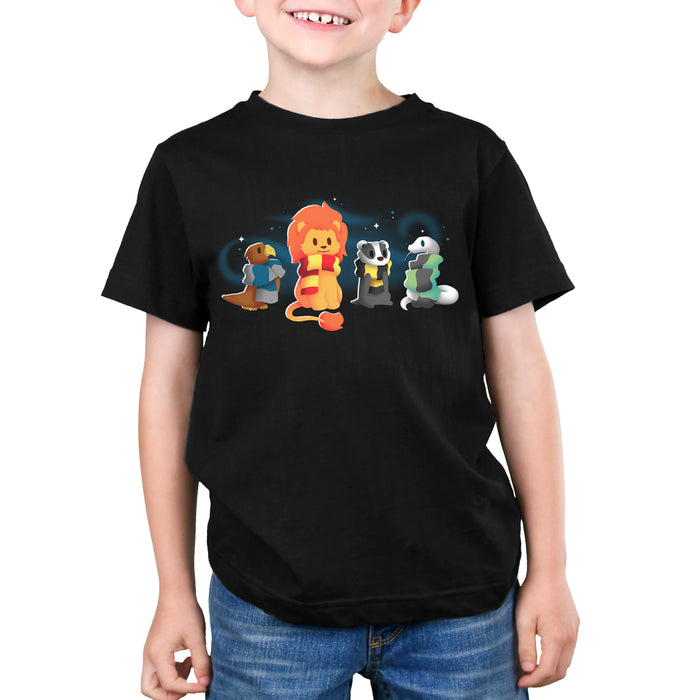 Premium Cotton T-shirt_TeeTurtle black Brave, Loyal, Wise & Cunning featuring a fantasy bird, lion, badger and snake all wrapped in various striped scarves and surrounded by swirls of magic.