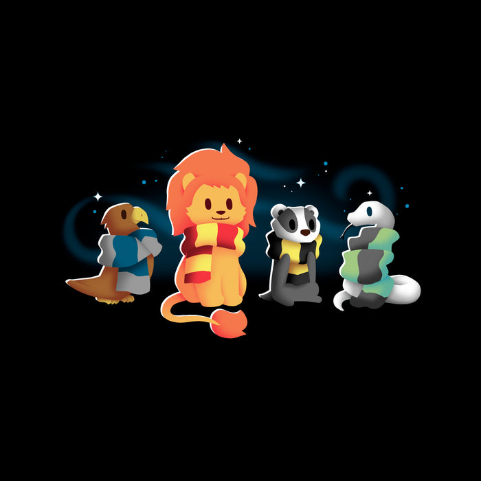 Classic Cotton T-shirt_TeeTurtle black Brave, Loyal, Wise & Cunning featuring a fantasy bird, lion, badger and snake all wrapped in various striped scarves and surrounded by swirls of magic.