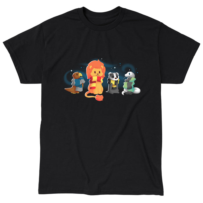Classic Cotton T-shirt_TeeTurtle black Brave, Loyal, Wise & Cunning featuring a fantasy bird, lion, badger and snake all wrapped in various striped scarves and surrounded by swirls of magic.