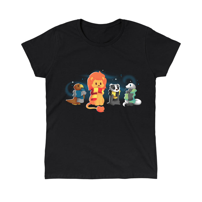 Classic Cotton T-shirt_TeeTurtle black Brave, Loyal, Wise & Cunning featuring a fantasy bird, lion, badger and snake all wrapped in various striped scarves and surrounded by swirls of magic.