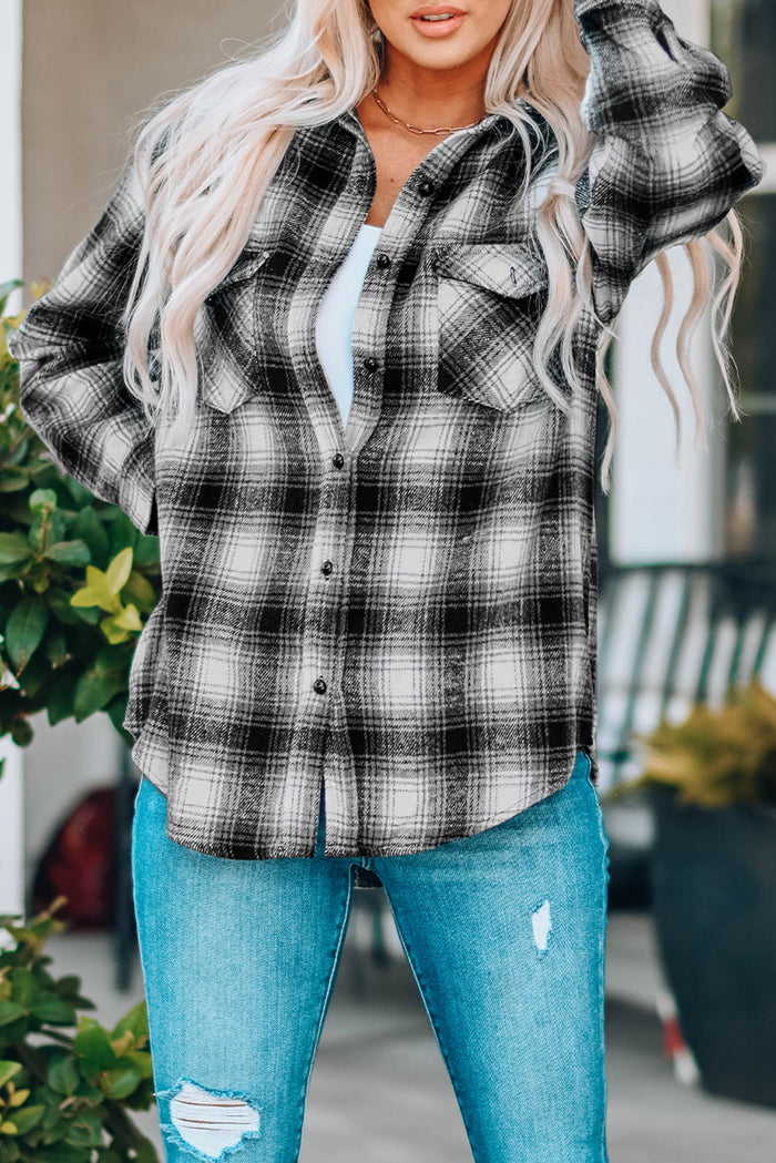 Brown Buttons Pocketed Plaid Shacket - BLACK / S / 95% POLYESTER + 5% ELASTANE - Outerwear/Jackets