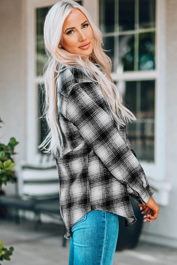 Brown Buttons Pocketed Plaid Shacket - Outerwear/Jackets