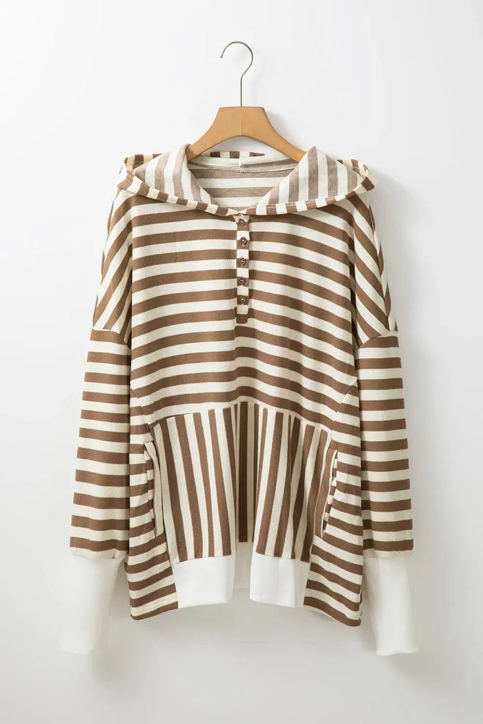 Brown Stripe Quarter Buttons Drop Sleeve Plus Size Hoodie - BROWN STRIPE / 1X / 65% POLYESTER + 30% COTTON + 5%