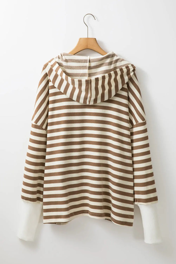 Brown Stripe Quarter Buttons Drop Sleeve Plus Size Hoodie - Size/Plus Sweatshirts & Hoodies