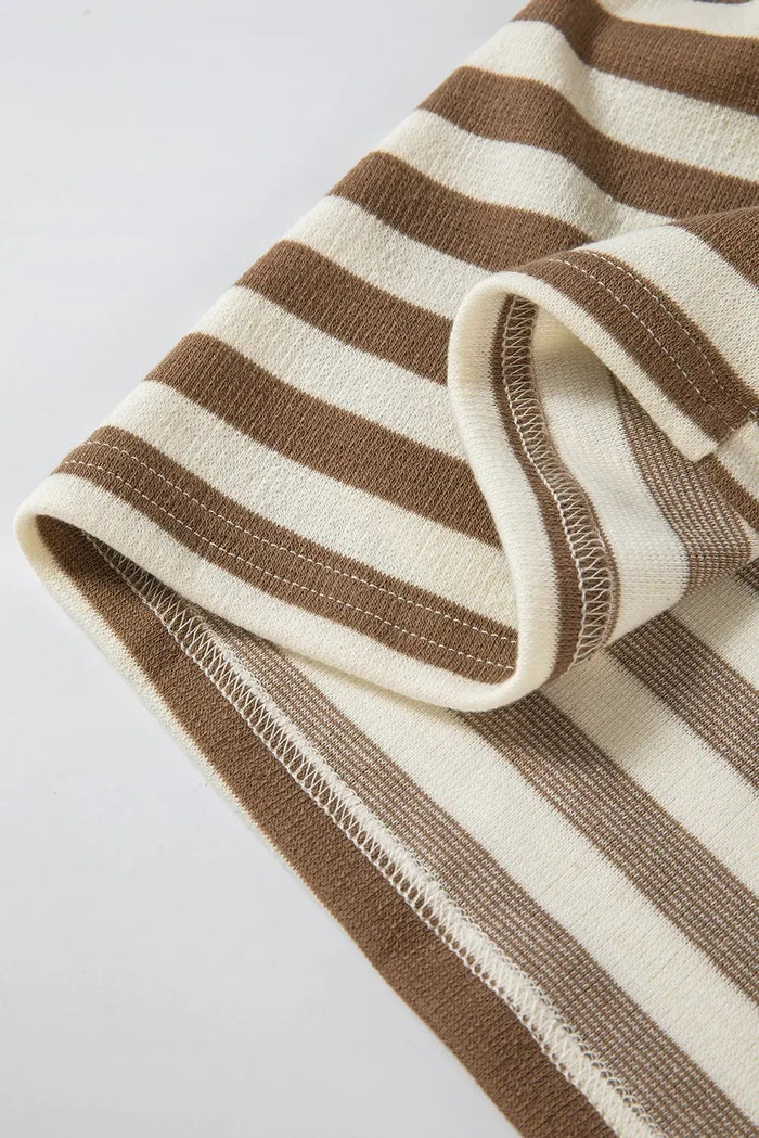 Brown Stripe Quarter Buttons Drop Sleeve Plus Size Hoodie - Size/Plus Sweatshirts & Hoodies
