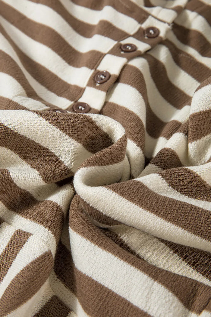 Brown Stripe Quarter Buttons Drop Sleeve Plus Size Hoodie - Size/Plus Sweatshirts & Hoodies