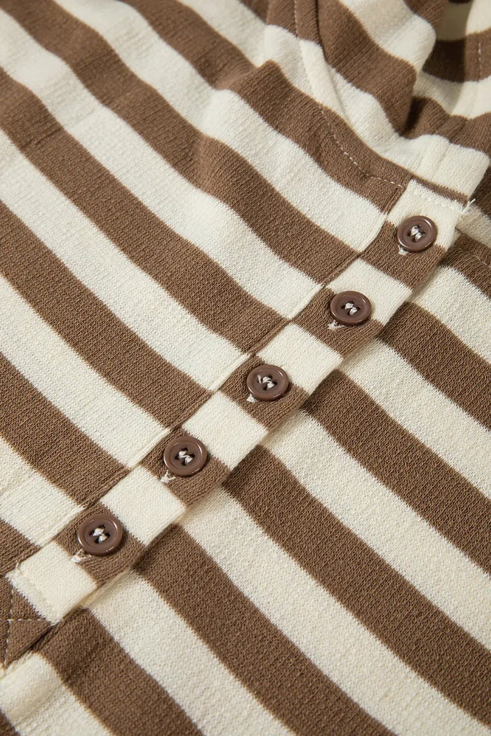 Brown Stripe Quarter Buttons Drop Sleeve Plus Size Hoodie - Size/Plus Sweatshirts & Hoodies