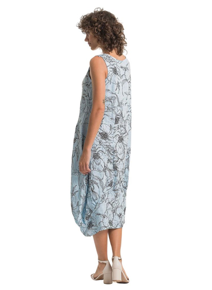 Bubble Dress, ciel blue.  Featuring details on the reverse.  Model is 5'9" wearing size Small.  100% European Linen.