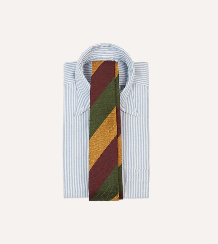 Burgundy, Gold and Olive Block Stripe Shantung Silk Tie