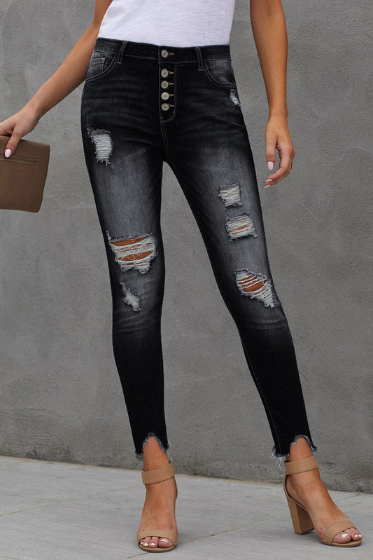 Button Fly Hem Detail Ankle-Length Skinny Jeans - Madikfashions.com