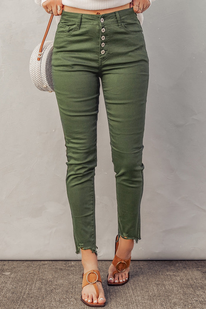 Button Fly Hem Detail Skinny Jeans - Madikfashions.com