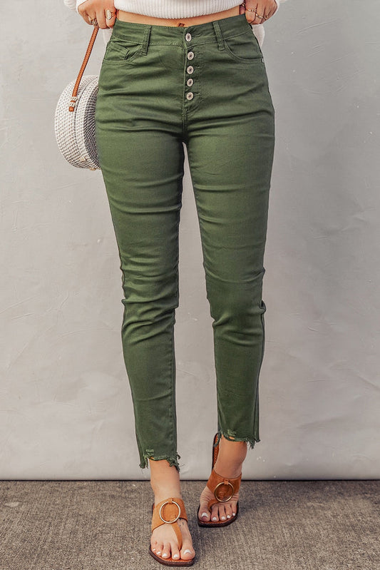 Button Fly Hem Detail Skinny Jeans - Madikfashions.com