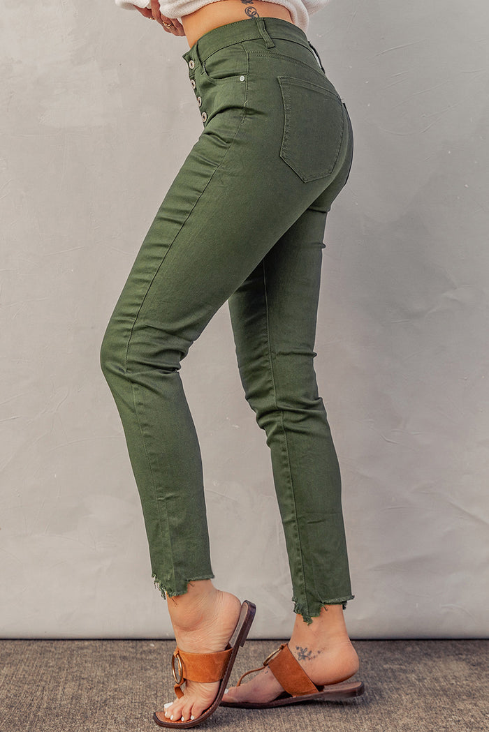 Button Fly Hem Detail Skinny Jeans - Madikfashions.com