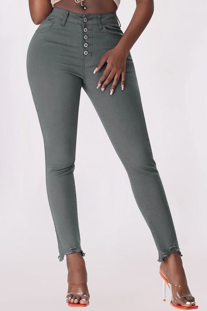 Button Fly Hem Detail Skinny Jeans - Madikfashions.com