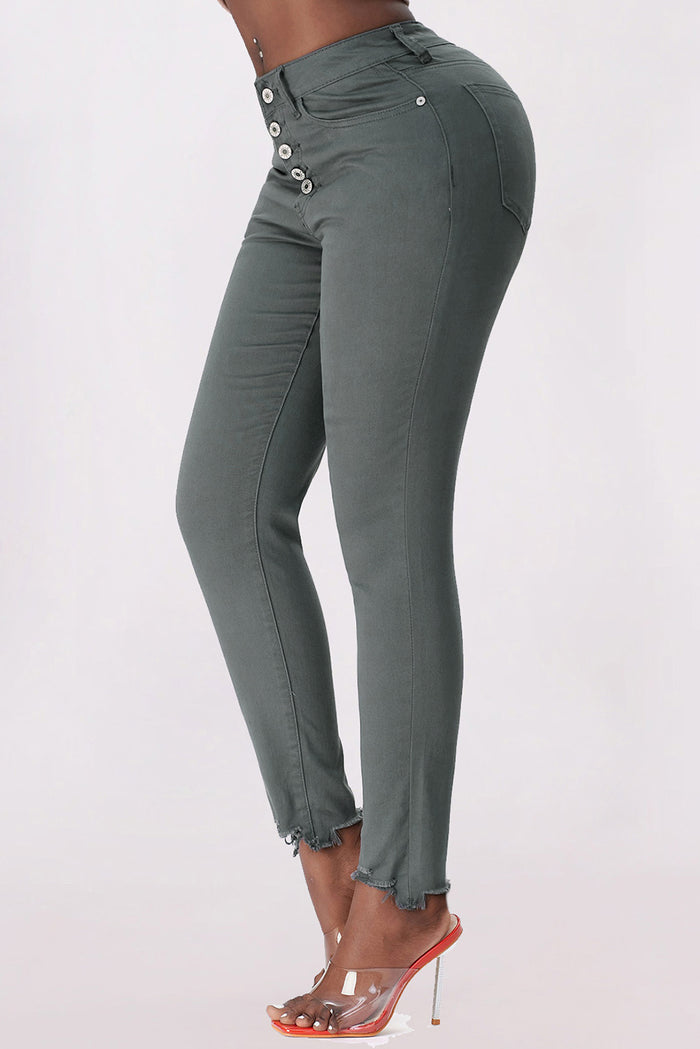 Button Fly Hem Detail Skinny Jeans - Madikfashions.com