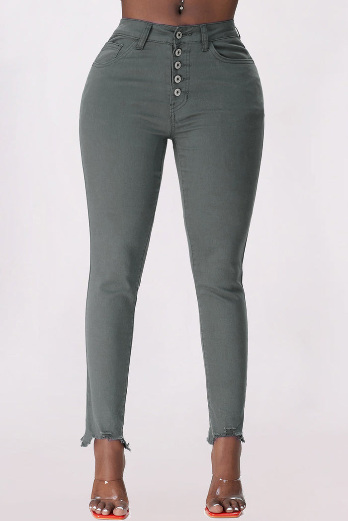 Button Fly Hem Detail Skinny Jeans - Madikfashions.com