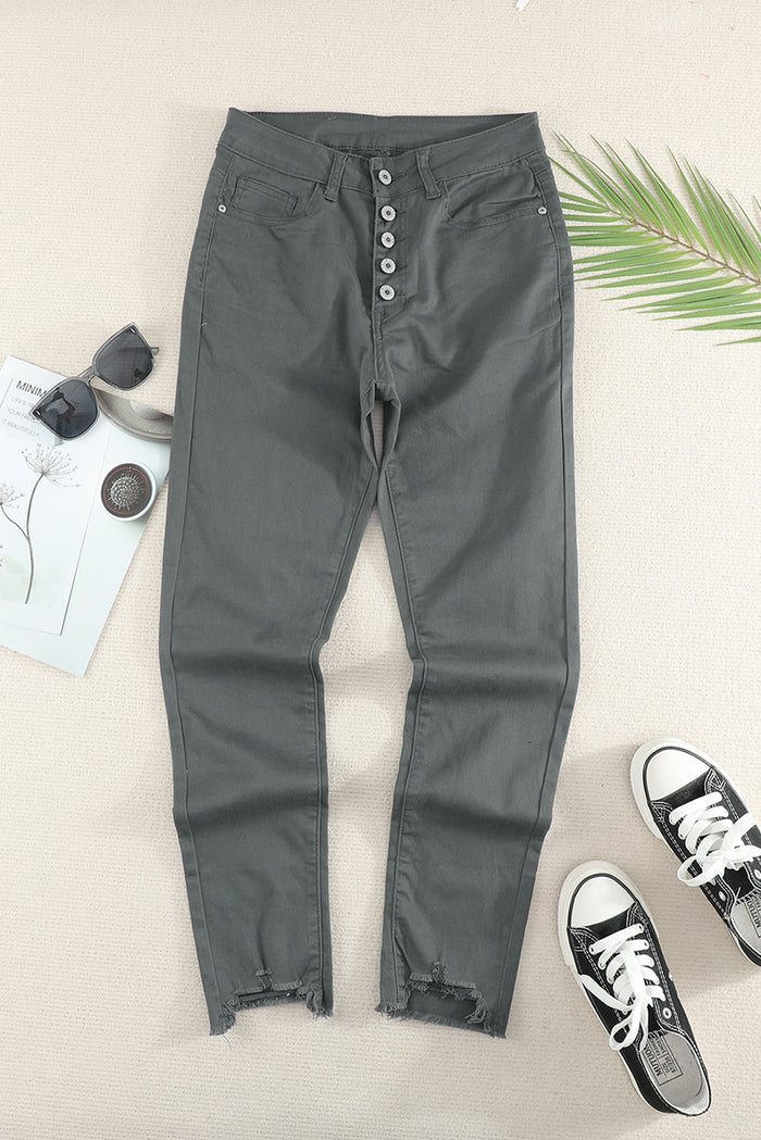 Button Fly Hem Detail Skinny Jeans - Madikfashions.com