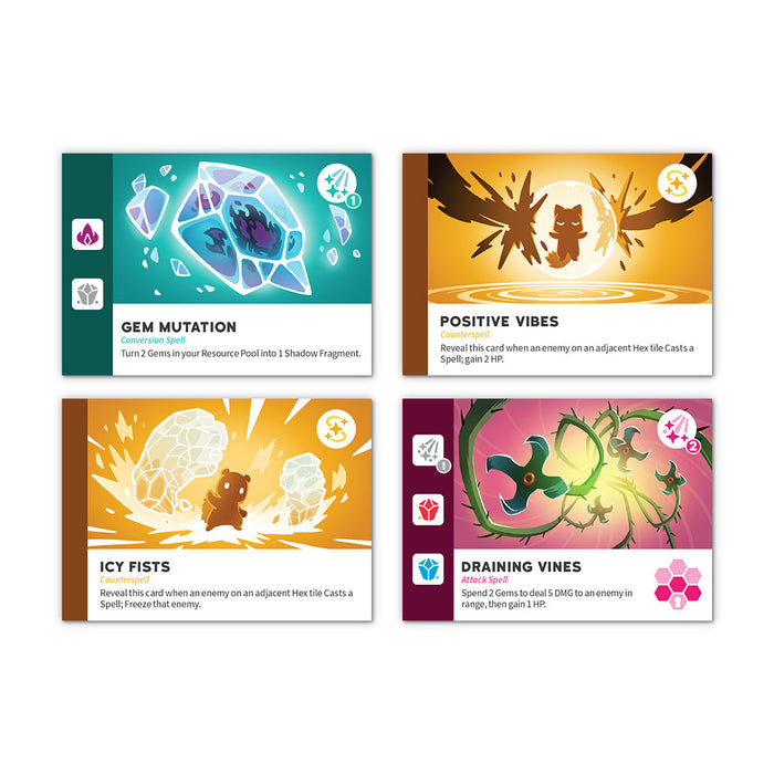 Four colorful game cards with various symbols and text, displaying themes of gem mutation, positive vibes, icy chains, and seed bombs. Each card represents a different spell or ability from the Casting Shadows: The Ice Storm Expansion by Unstable Games.