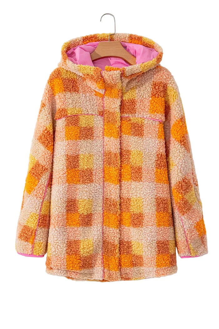 Orange Checkered Sherpa Hooded Jacket - Outerwear/Jackets